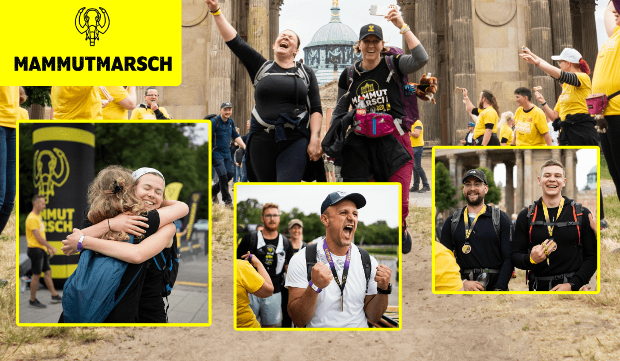 Collage mit emotionalen Momenten vom Mammutmarsch: Zwei Teilnehmerinnen springen jubelnd vor einem historischen Gebäude in die Luft, eine Umarmung zwischen zwei Finisherinnen, ein Mann reckt nach dem Zieleinlauf triumphierend die Fäuste.