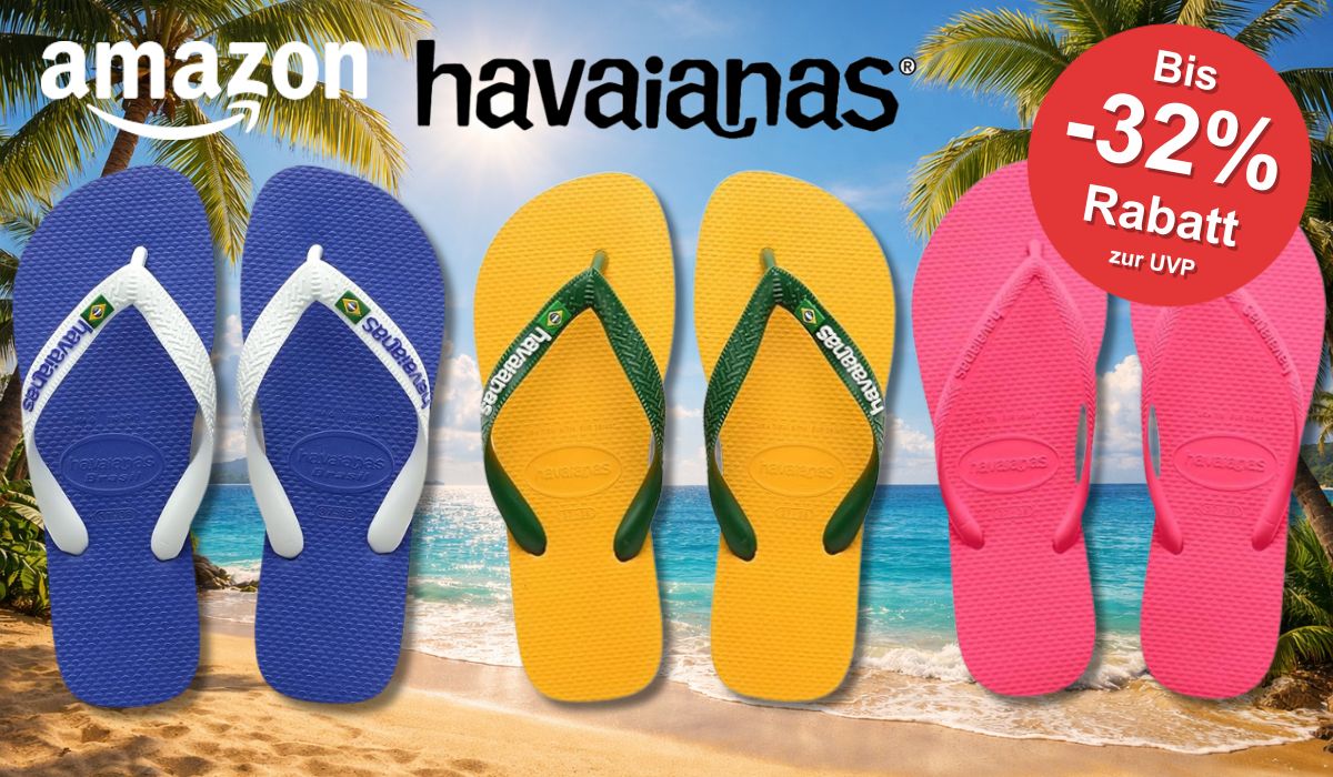 3 Havaianas Modelle vor einem Strandhintergrund.