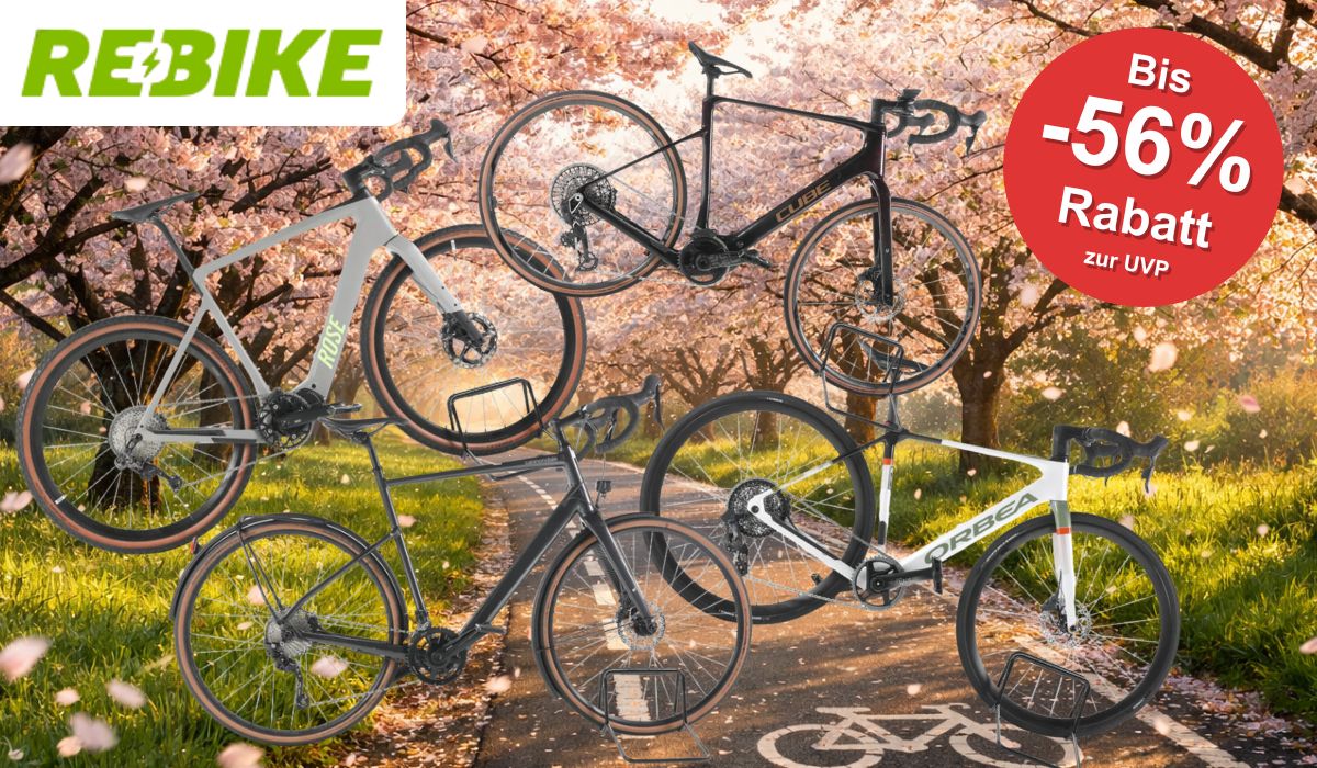 Auf dem Bild ist eine Collage aus  E-Gravel & E-Rennräder, die gerade bei Rebike reduziert sind