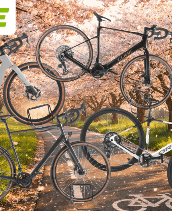 Auf dem Bild ist eine Collage aus E-Gravel & E-Rennräder, die gerade bei Rebike reduziert sind