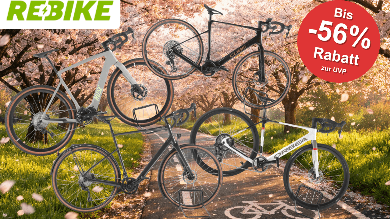 Auf dem Bild ist eine Collage aus E-Gravel & E-Rennräder, die gerade bei Rebike reduziert sind