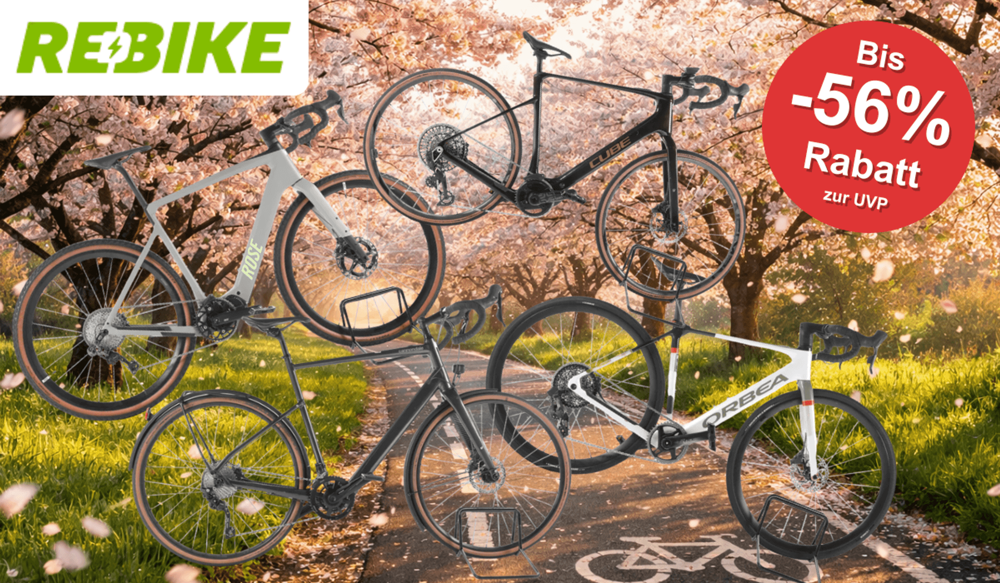 Auf dem Bild ist eine Collage aus E-Gravel & E-Rennräder, die gerade bei Rebike reduziert sind