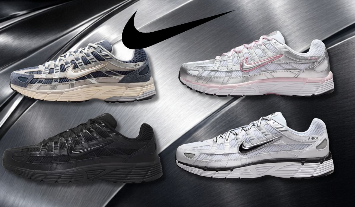 4 Nike P-6000 Sneaker in verschiedenen Colorways vor einem metallischen Hintergrund.