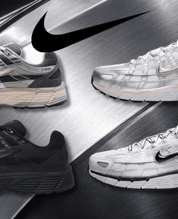 4 Nike P-6000 Sneaker in verschiedenen Colorways vor einem metallischen Hintergrund.