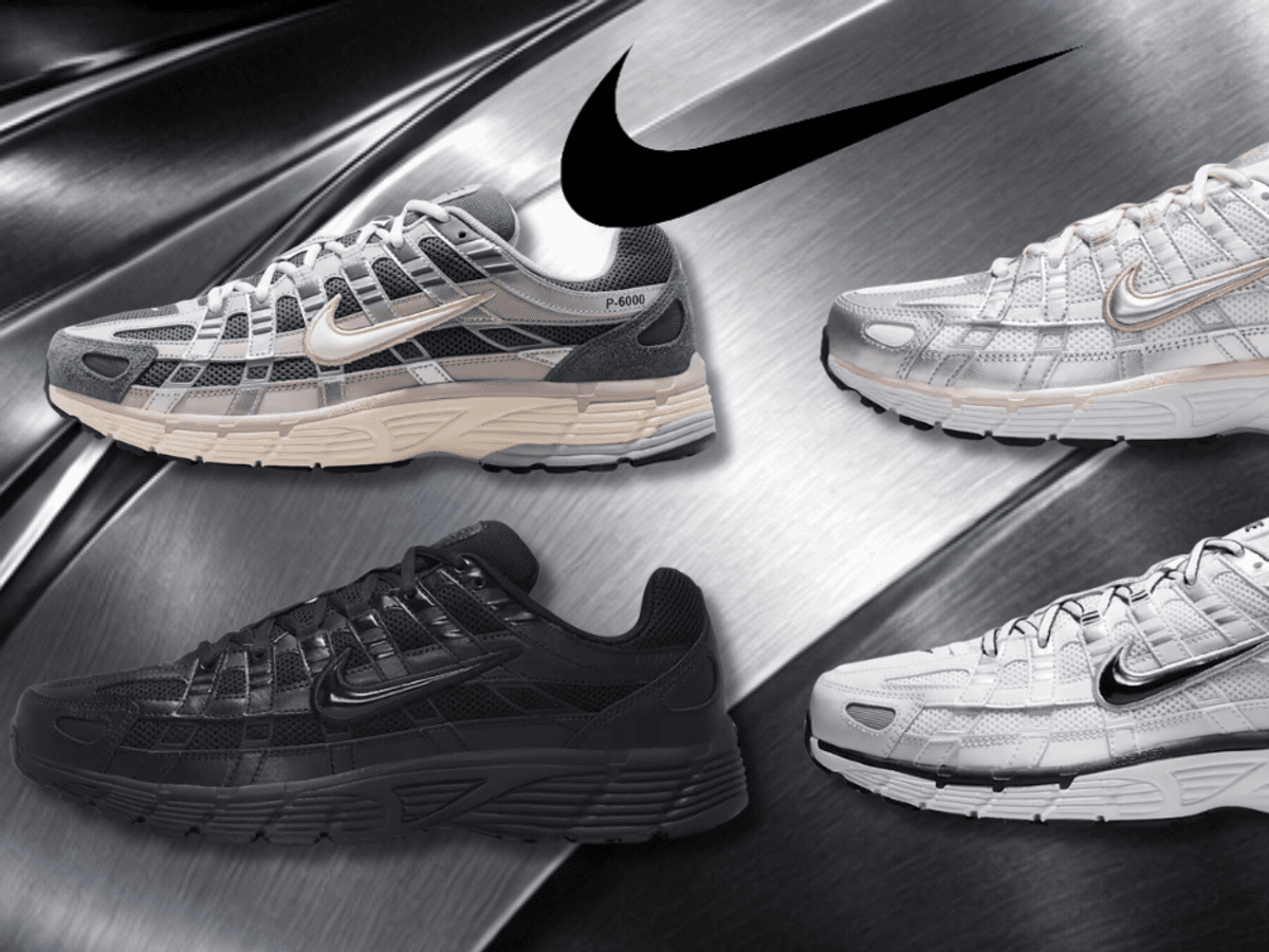 4 Nike P-6000 Sneaker in verschiedenen Colorways vor einem metallischen Hintergrund.