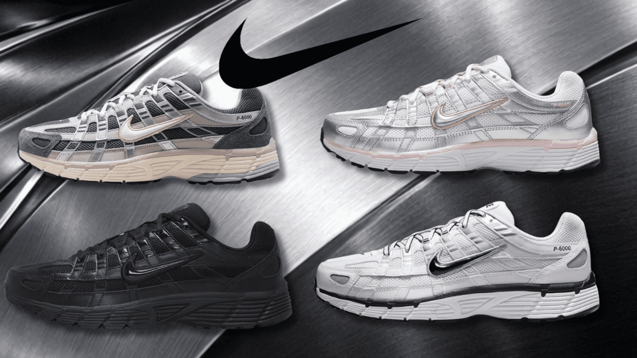 4 Nike P-6000 Sneaker in verschiedenen Colorways vor einem metallischen Hintergrund.