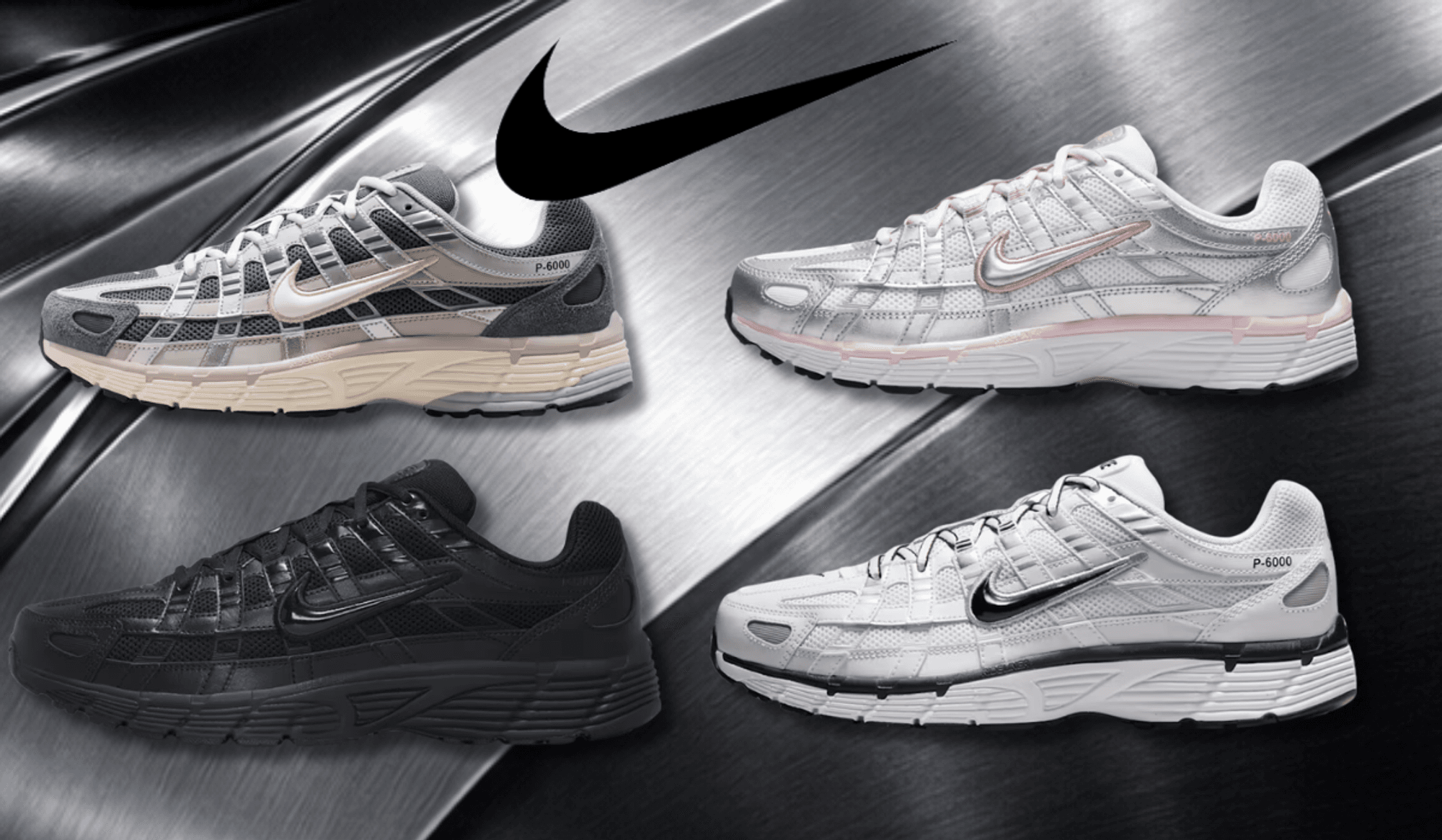 4 Nike P-6000 Sneaker in verschiedenen Colorways vor einem metallischen Hintergrund.