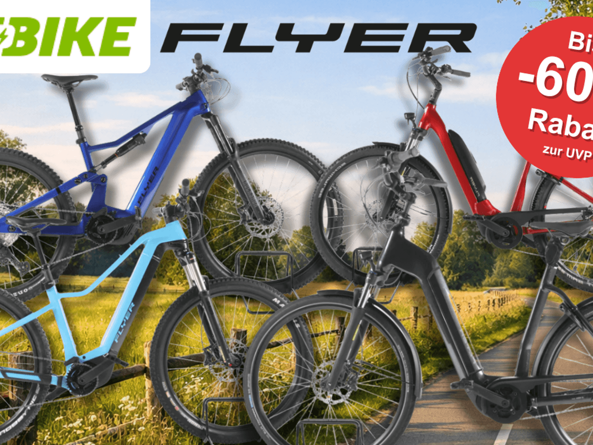 4 verschiedene Flyer E-Bikes vor einem Radweg.