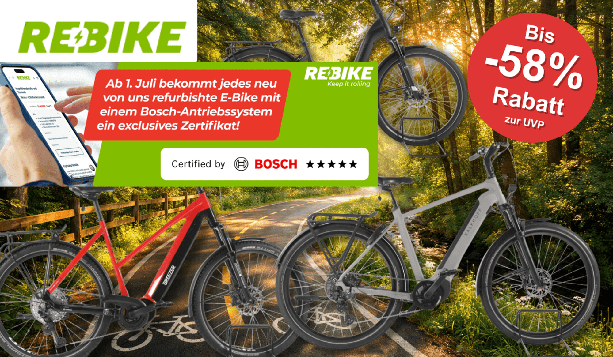 3 E-Bikes mit Bosch Motor vor einem Waldweg.