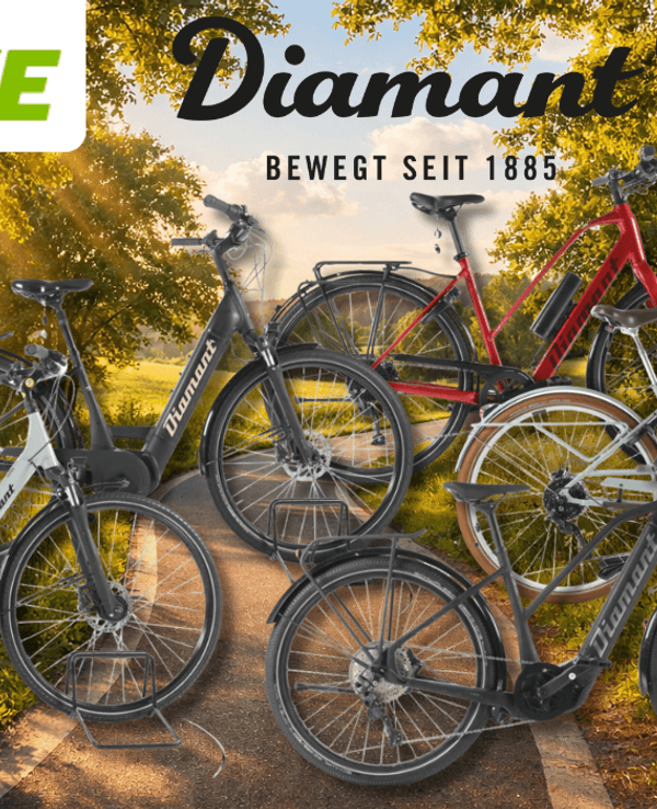 5 Diamant Fahrräder vor einem Fahrradweg abgebildet.
