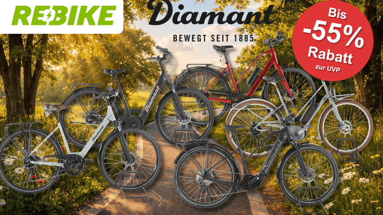5 Diamant Fahrräder vor einem Fahrradweg abgebildet.