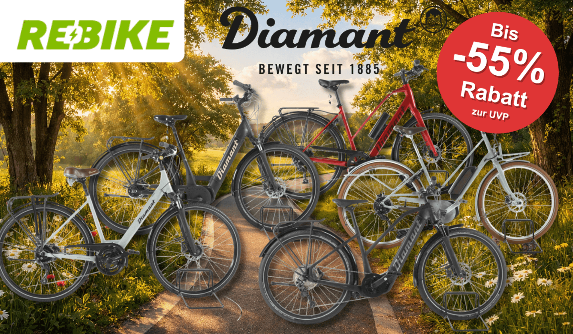 5 Diamant Fahrräder vor einem Fahrradweg abgebildet.