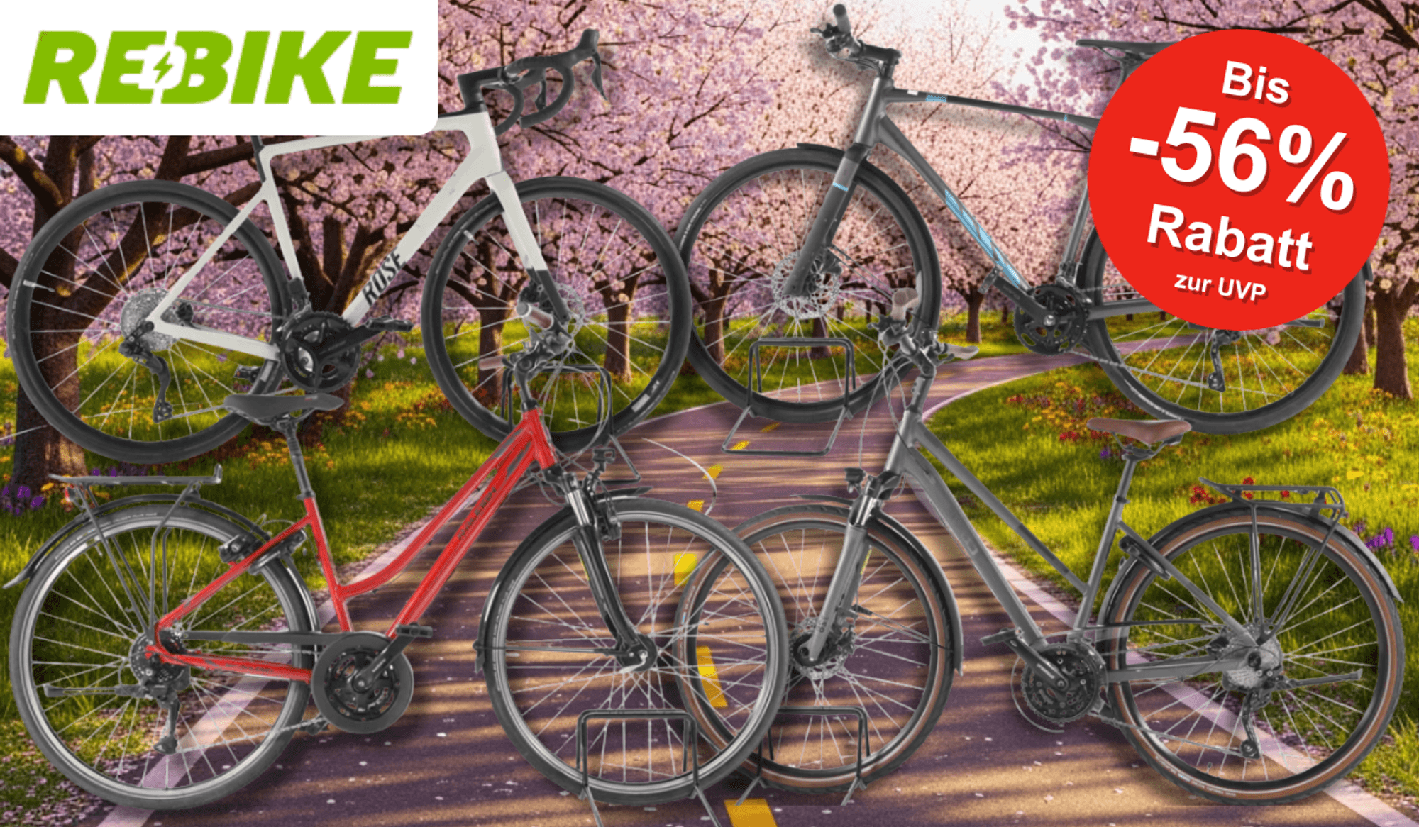 4 Fahrräder vor einem Radweg im Frühling mit blühenden Bäumen.