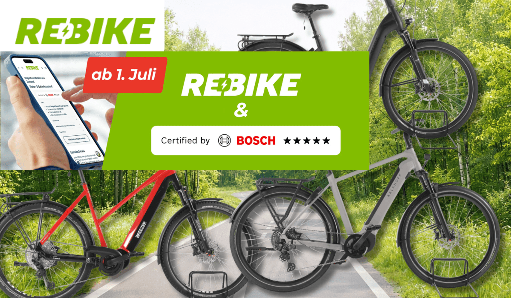 3 E-Bikes mit Bosch Motor vor einem Waldweg.