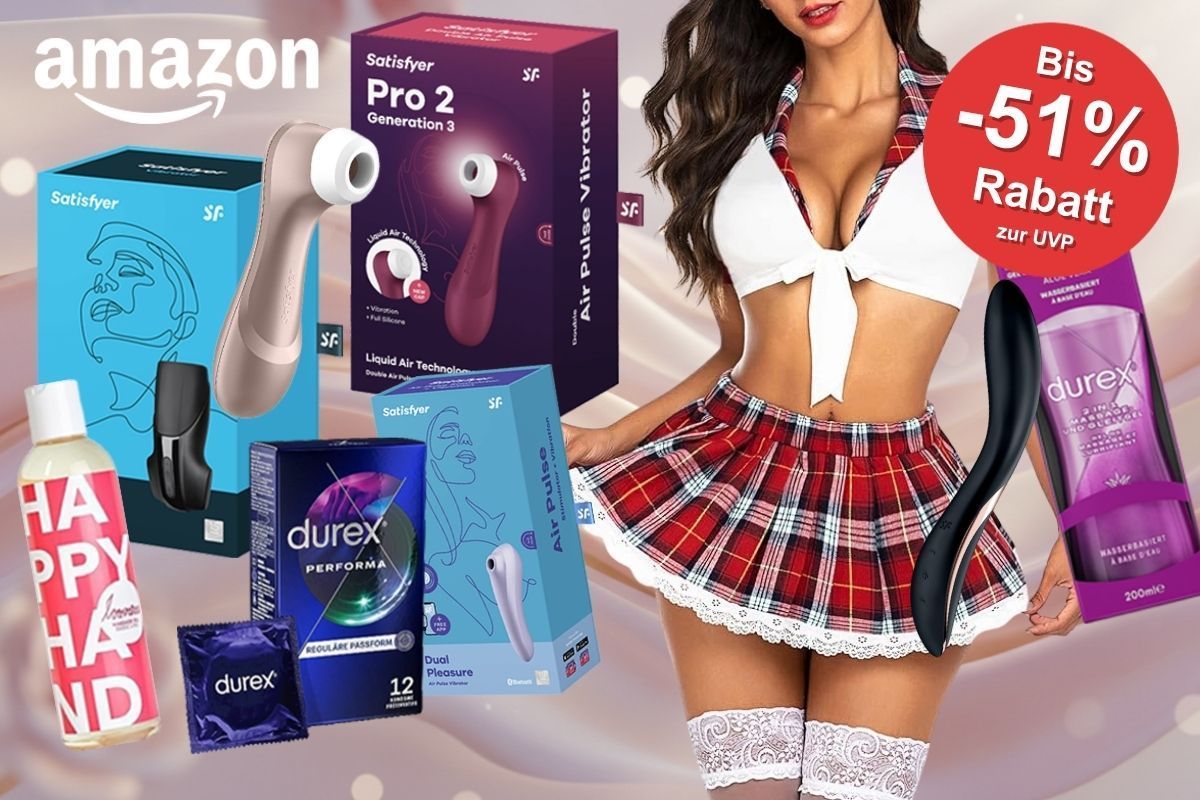 Amazon Erotik-Sale Collage mit verschiedenen Produkten: Satisfyer Pro 2 Generation 3, Satisfyer Dual Pleasure Air Pulse Vibrator, ein weiterer Satisfyer Air Pulse Stimulator, Durex Performa Kondome, Durex 2-in-1 Massagegel, eine Happy Hand Gleitcreme sowie ein schwarzer Vibrator. Daneben eine Frau in erotischem Kostüm. Links oben das Amazon-Logo. Rechts oben roter Button mit der Aufschrift „Bis -51 % Rabatt zur UVP".
