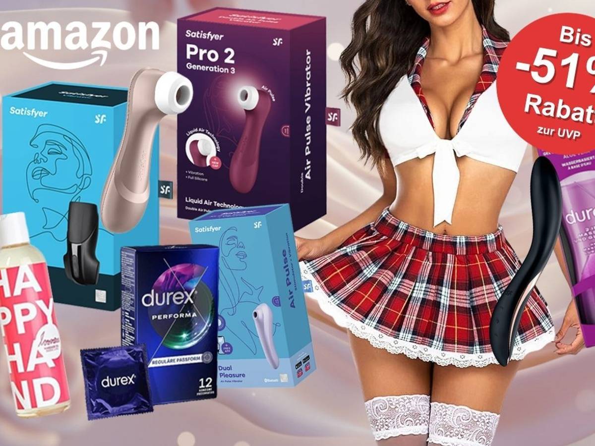 Amazon Erotik-Sale Collage mit verschiedenen Produkten: Satisfyer Pro 2 Generation 3, Satisfyer Dual Pleasure Air Pulse Vibrator, ein weiterer Satisfyer Air Pulse Stimulator, Durex Performa Kondome, Durex 2-in-1 Massagegel, eine Happy Hand Gleitcreme sowie ein schwarzer Vibrator. Daneben eine Frau in erotischem Kostüm. Links oben das Amazon-Logo. Rechts oben roter Button mit der Aufschrift „Bis -51 % Rabatt zur UVP".