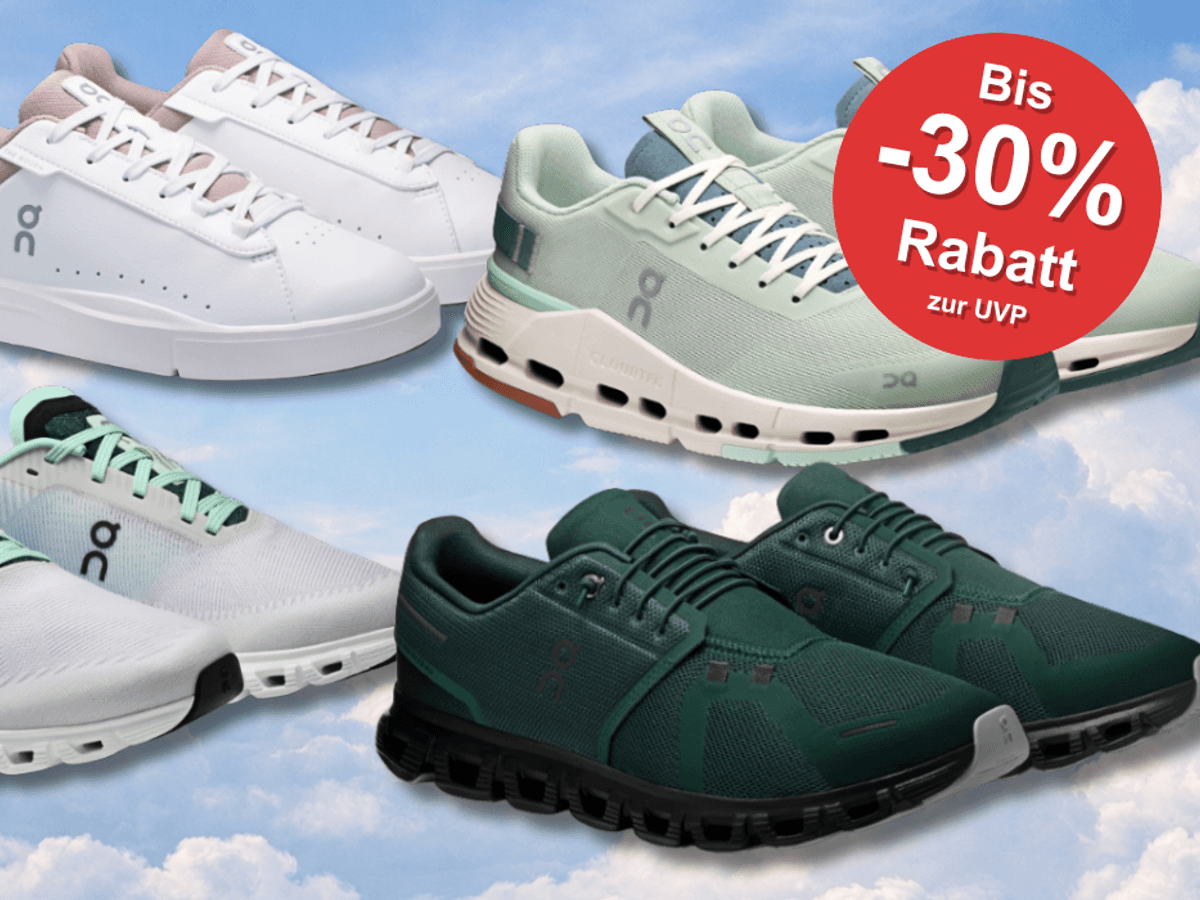 4 verschiedene On Running Sneaker Modelle vor einem wolken Hintergrund.