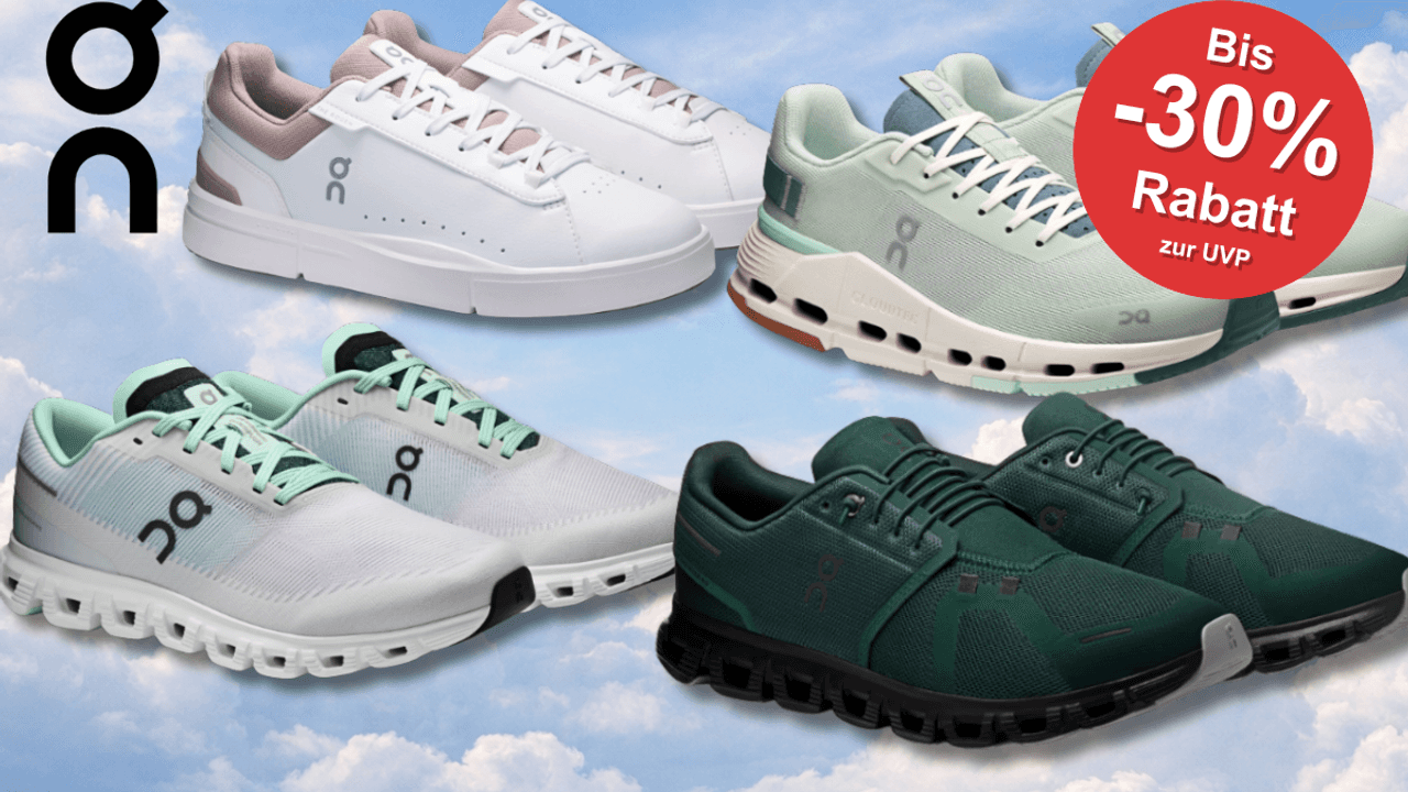 4 verschiedene On Running Sneaker Modelle vor einem wolken Hintergrund.