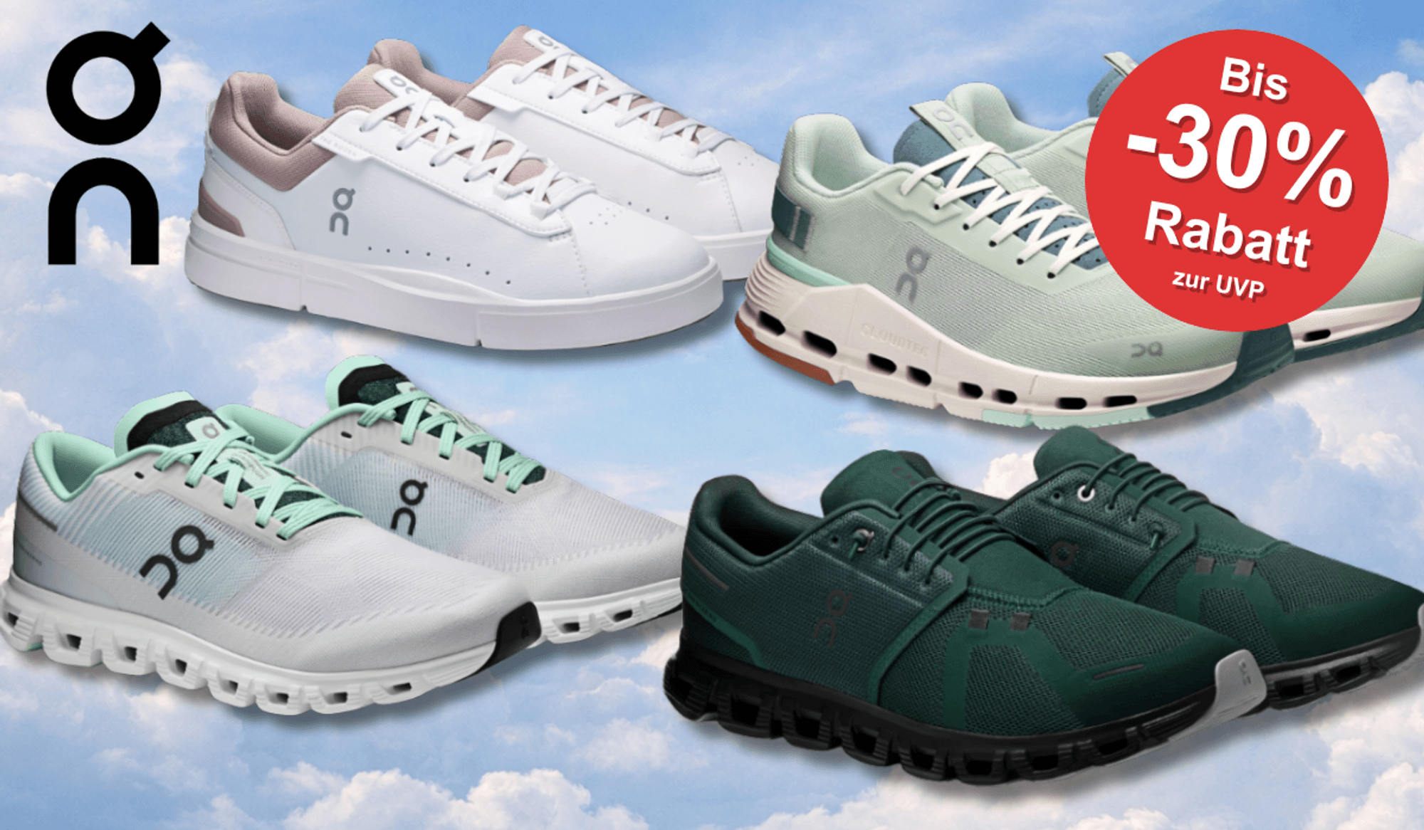 4 verschiedene On Running Sneaker Modelle vor einem wolken Hintergrund.