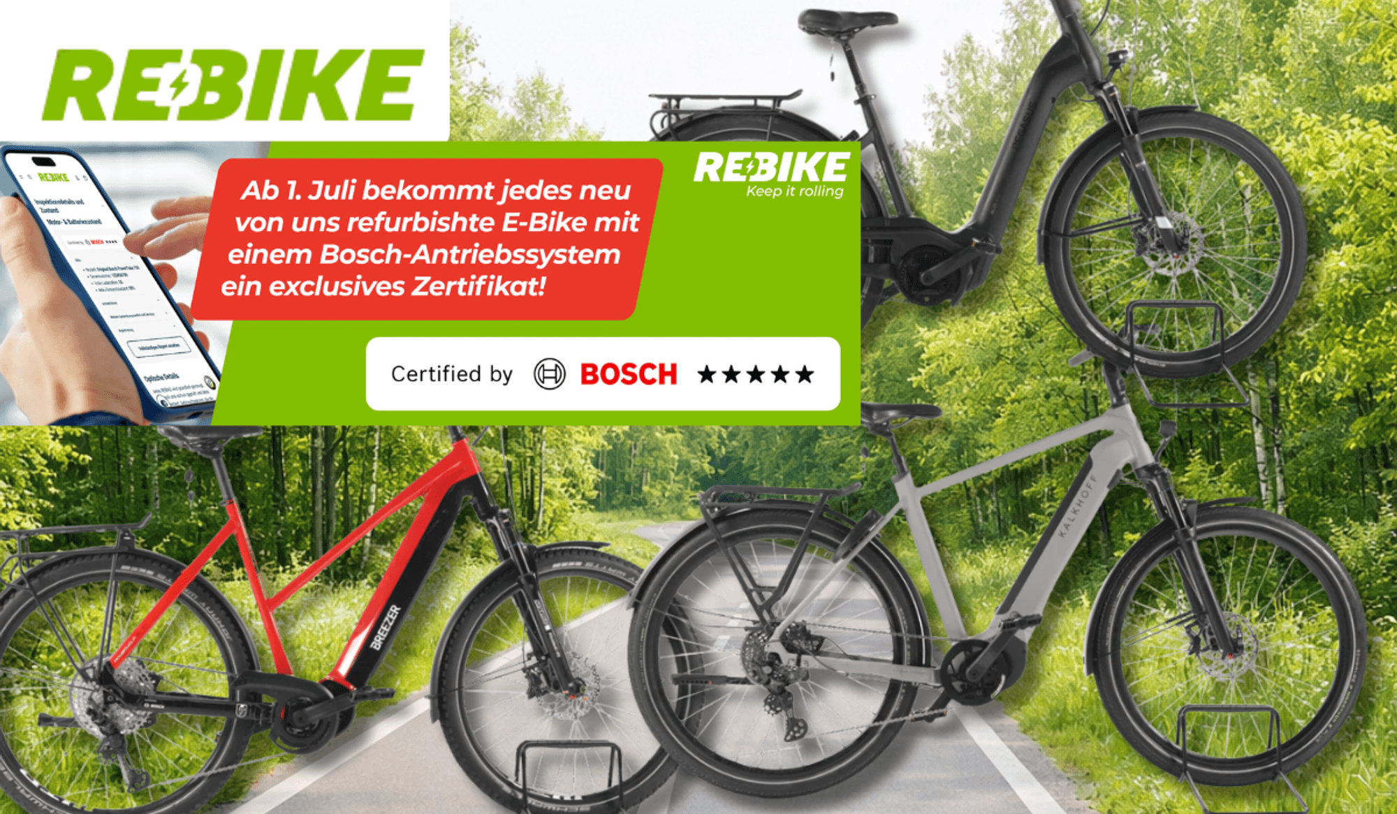 3 E-Bikes mit Bosch Motor vor einem Waldweg.