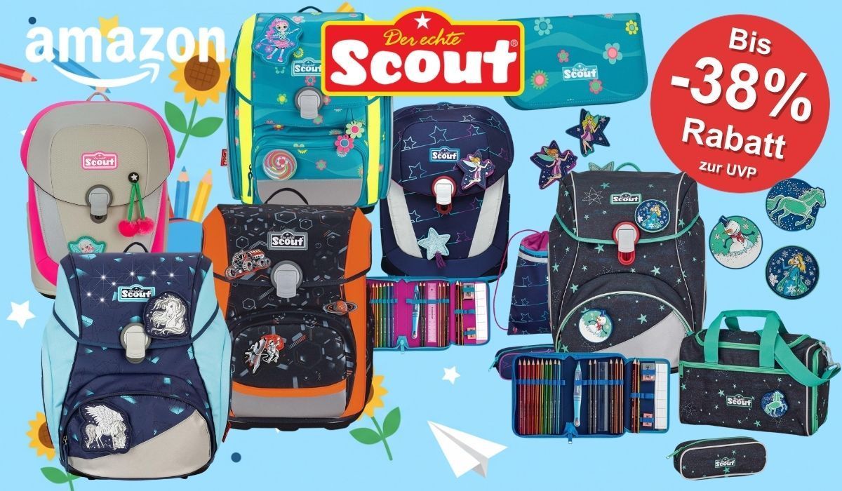 Mehrere Scout Schulranzen-Sets in verschiedenen Designs für Mädchen und Jungen, darunter Modelle mit Einhorn-, Sternenhimmel- und Space-Motiven, abgebildet vor hellem Hintergrund mit Amazon-Logo und dem Hinweis auf bis zu 38 Prozent Rabatt zur UVP.