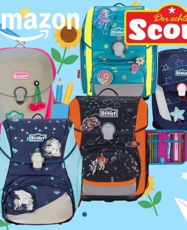 Mehrere Scout Schulranzen-Sets in verschiedenen Designs für Mädchen und Jungen, darunter Modelle mit Einhorn-, Sternenhimmel- und Space-Motiven, abgebildet vor hellem Hintergrund mit Amazon-Logo und dem Hinweis auf bis zu 38 Prozent Rabatt zur UVP.