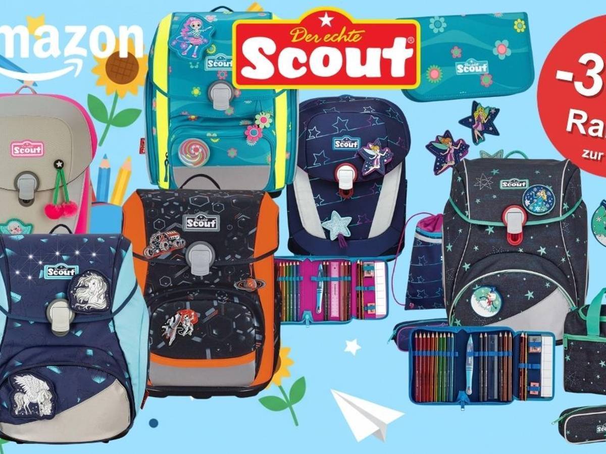 Mehrere Scout Schulranzen-Sets in verschiedenen Designs für Mädchen und Jungen, darunter Modelle mit Einhorn-, Sternenhimmel- und Space-Motiven, abgebildet vor hellem Hintergrund mit Amazon-Logo und dem Hinweis auf bis zu 38 Prozent Rabatt zur UVP.