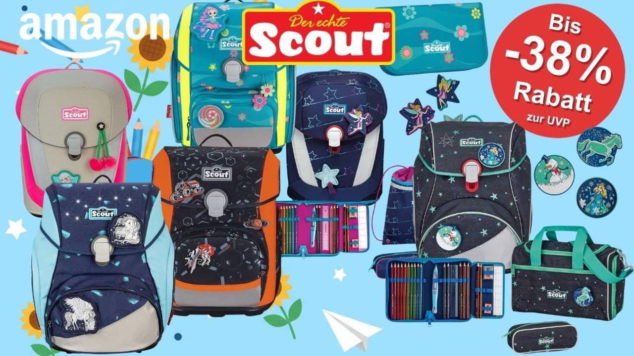 Mehrere Scout Schulranzen-Sets in verschiedenen Designs für Mädchen und Jungen, darunter Modelle mit Einhorn-, Sternenhimmel- und Space-Motiven, abgebildet vor hellem Hintergrund mit Amazon-Logo und dem Hinweis auf bis zu 38 Prozent Rabatt zur UVP.
