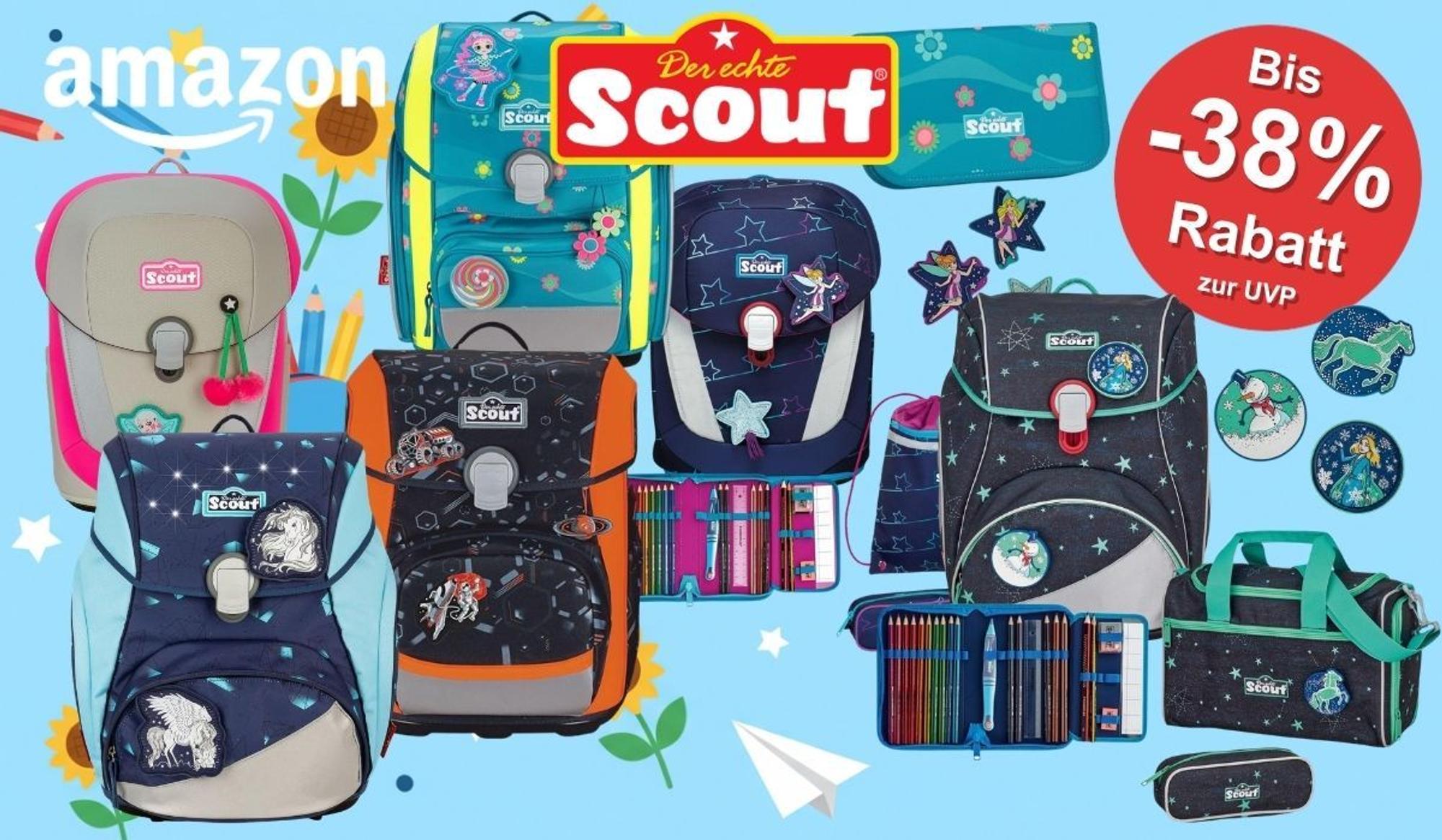 Mehrere Scout Schulranzen-Sets in verschiedenen Designs für Mädchen und Jungen, darunter Modelle mit Einhorn-, Sternenhimmel- und Space-Motiven, abgebildet vor hellem Hintergrund mit Amazon-Logo und dem Hinweis auf bis zu 38 Prozent Rabatt zur UVP.