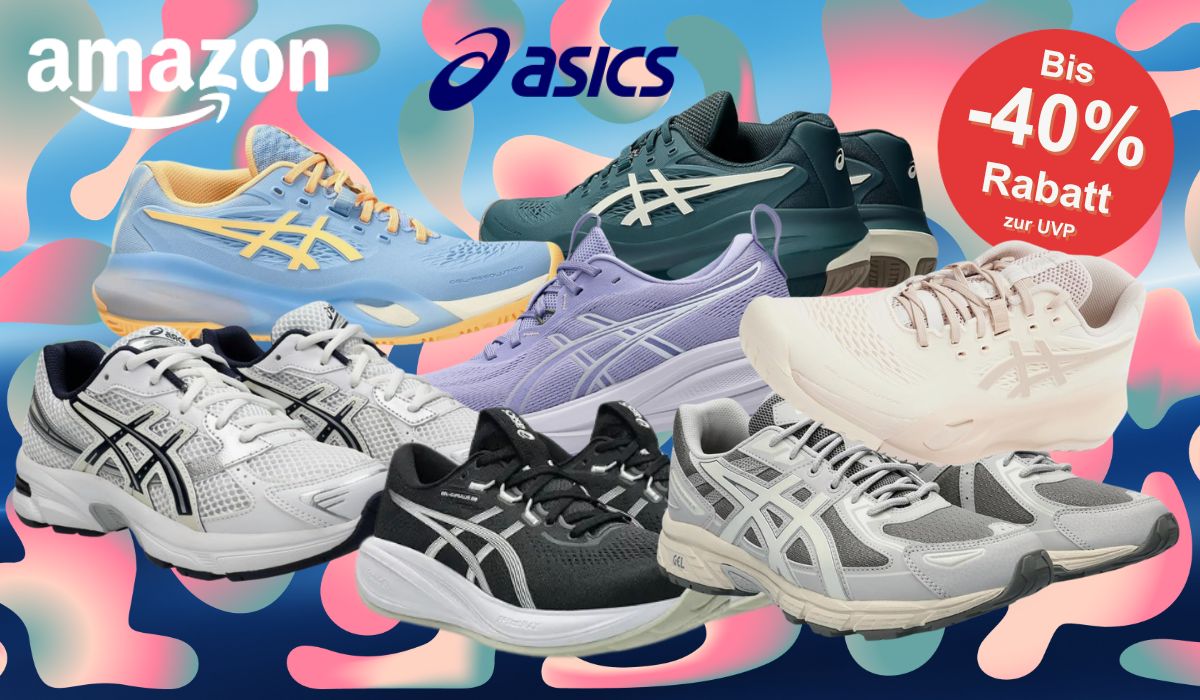 Eine Auswahl bunter Asics Laufschuhe vor einer stilisierten Straßen- und Waldlandschaft im Sonnenuntergang.