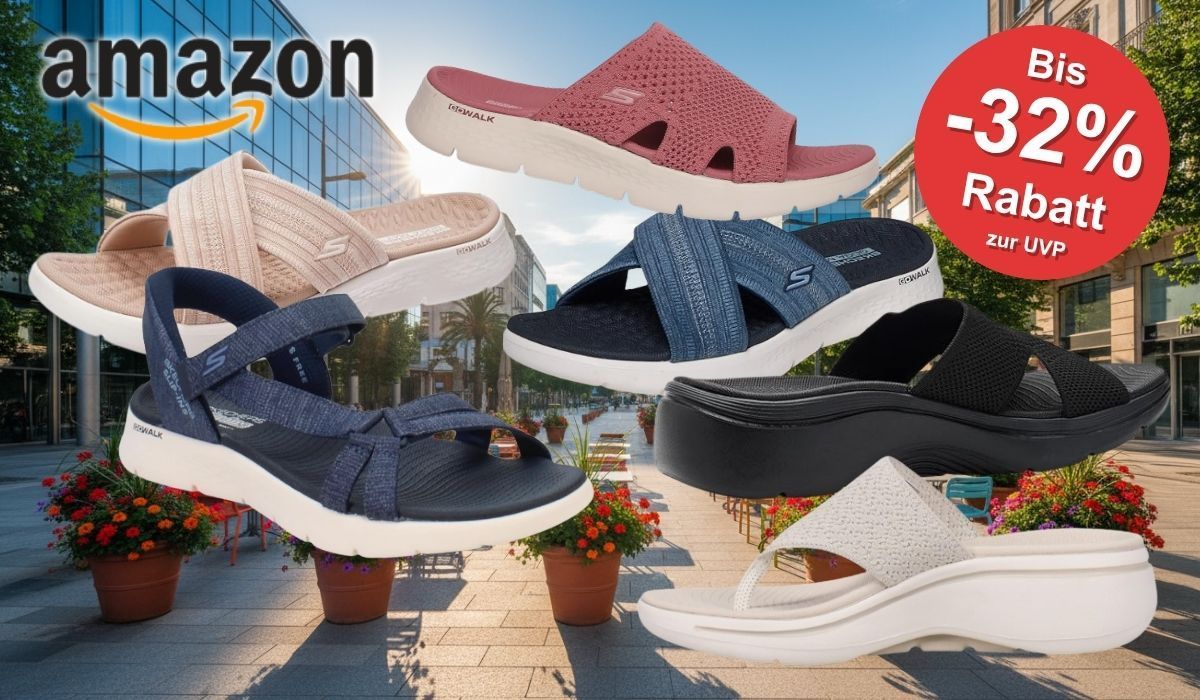 Collage von fünf Skechers Go Walk Sandalen in verschiedenen Farben (Beige, Navy-Blau, Rosa, Schwarz, Weiß) vor einem sonnigen Stadtpanorama mit Palmen, Blumenkübeln und modernen Gebäuden. Links oben das Amazon-Logo. Rechts oben roter Button mit der Aufschrift „Bis -32 % Rabatt zur UVP".