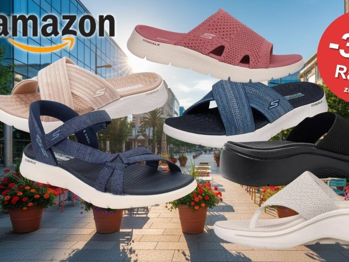 Collage von fünf Skechers Go Walk Sandalen in verschiedenen Farben (Beige, Navy-Blau, Rosa, Schwarz, Weiß) vor einem sonnigen Stadtpanorama mit Palmen, Blumenkübeln und modernen Gebäuden. Links oben das Amazon-Logo. Rechts oben roter Button mit der Aufschrift „Bis -32 % Rabatt zur UVP".