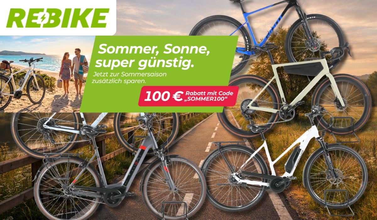 5 Fahrräder von Rebike vor einem Fahrradweg.