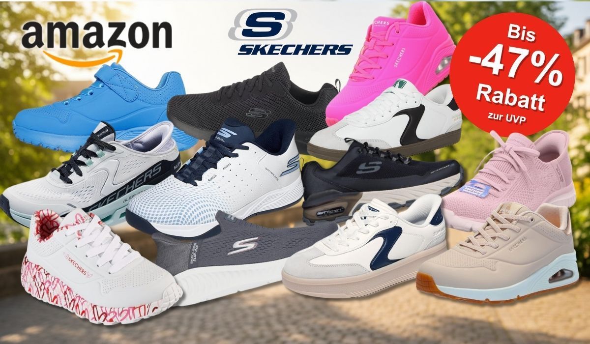 Collage von zehn Skechers Sneakern in verschiedenen Modellen und Farben (Blau, Schwarz, Pink, Weiß, Navy, Grau, Beige, Rosa, Weiß-Rot) vor einem sonnigen Park-Hintergrund mit weichem Bokeh. Links oben das Amazon-Logo, in der Mitte das Skechers-Logo.