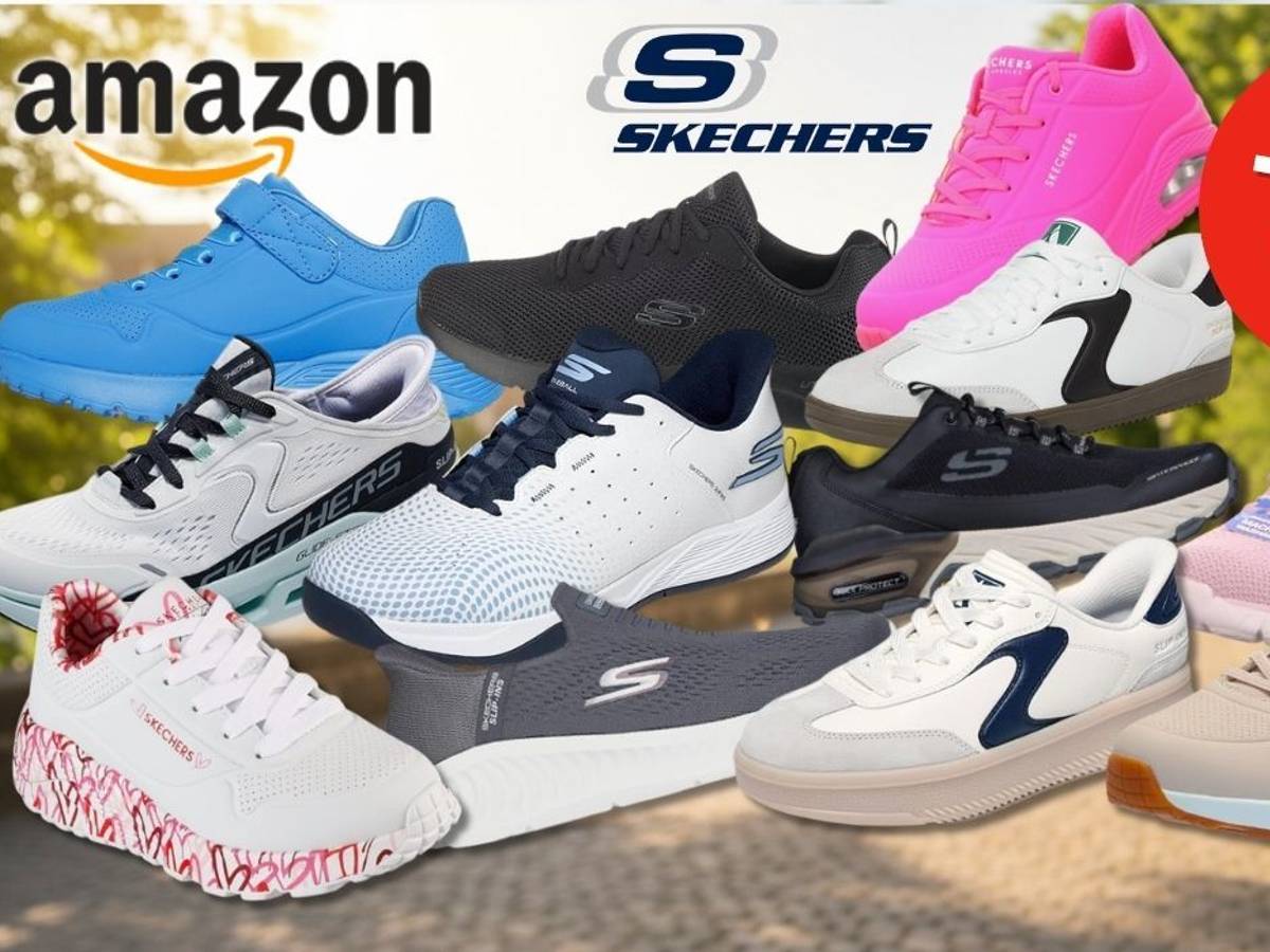 Collage von zehn Skechers Sneakern in verschiedenen Modellen und Farben (Blau, Schwarz, Pink, Weiß, Navy, Grau, Beige, Rosa, Weiß-Rot) vor einem sonnigen Park-Hintergrund mit weichem Bokeh. Links oben das Amazon-Logo, in der Mitte das Skechers-Logo.