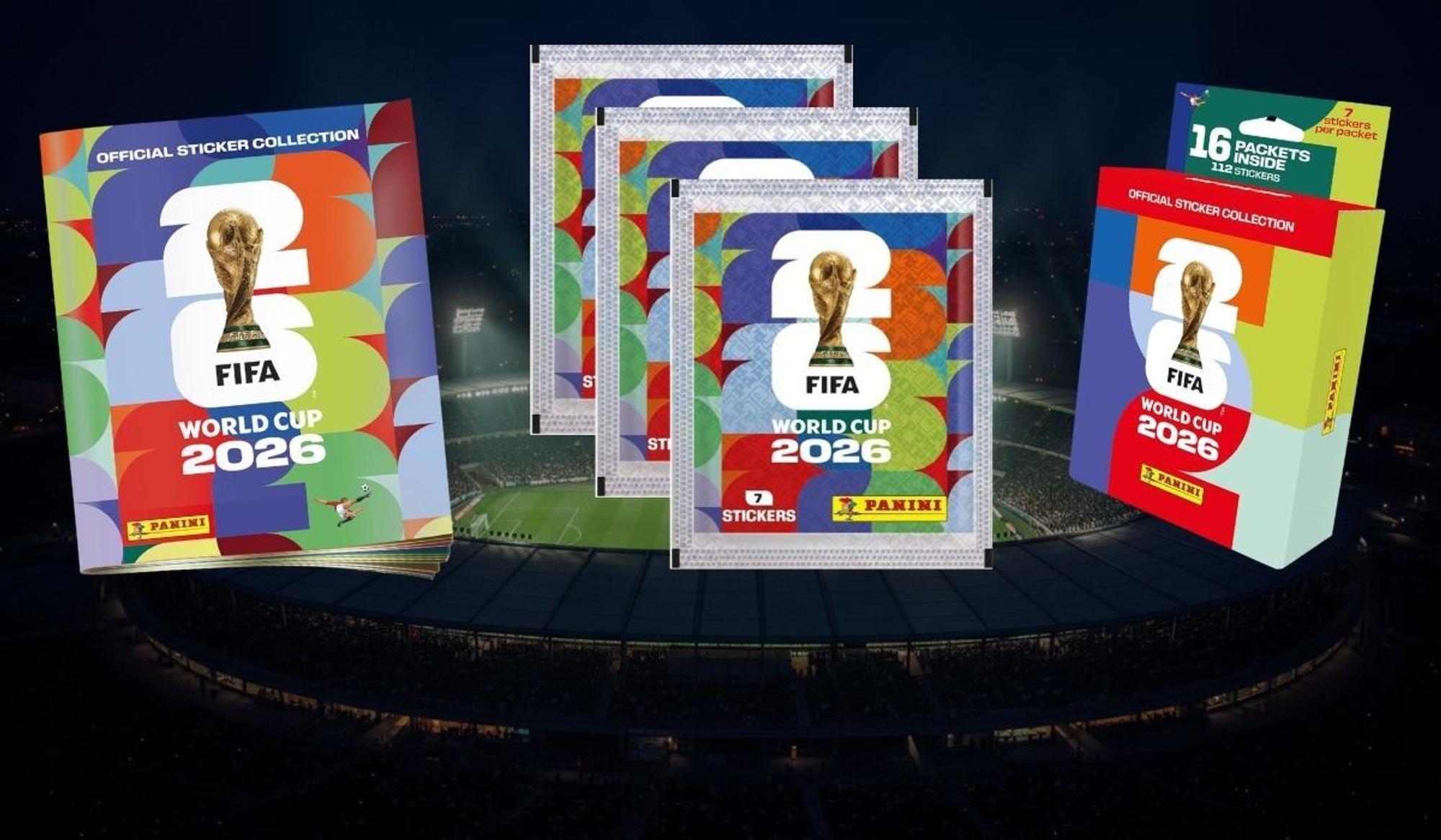 Panini-Sticker für das Sammelalbum 2026 mit Album, mehreren Stickertüten und Multipack vor Stadionhintergrund