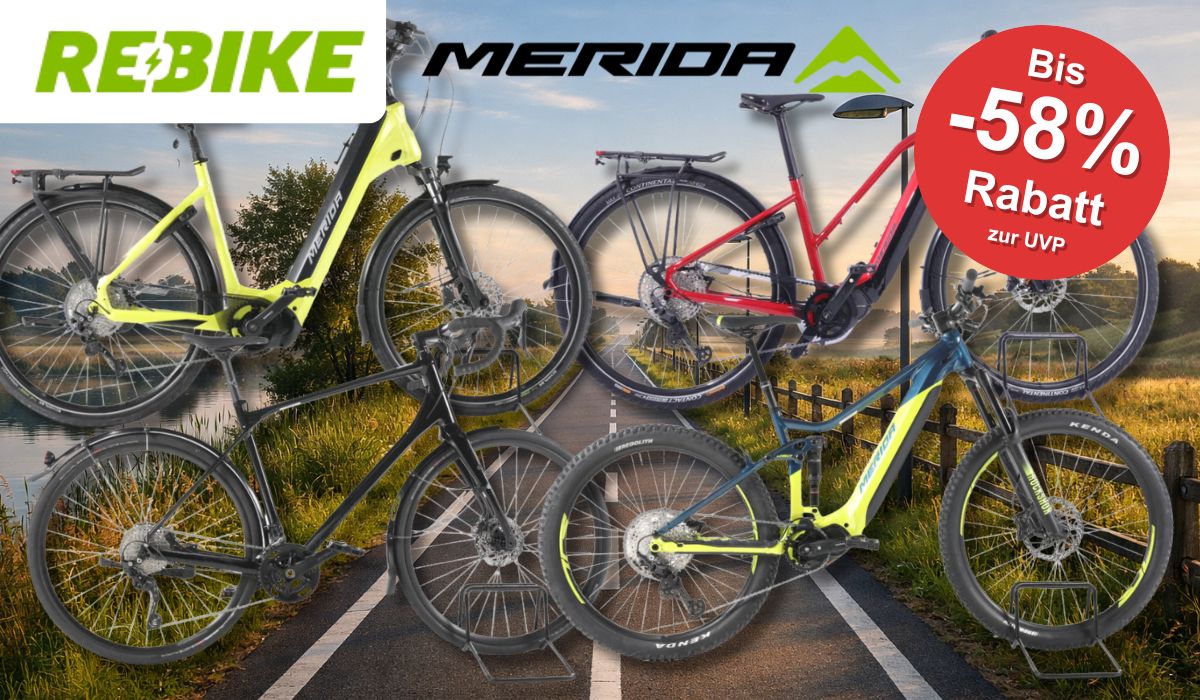 4 Merida Fahrräder vor einem Fahrradweg.