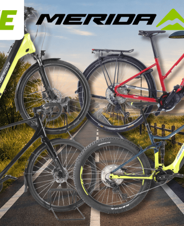 4 Merida Fahrräder vor einem Fahrradweg.