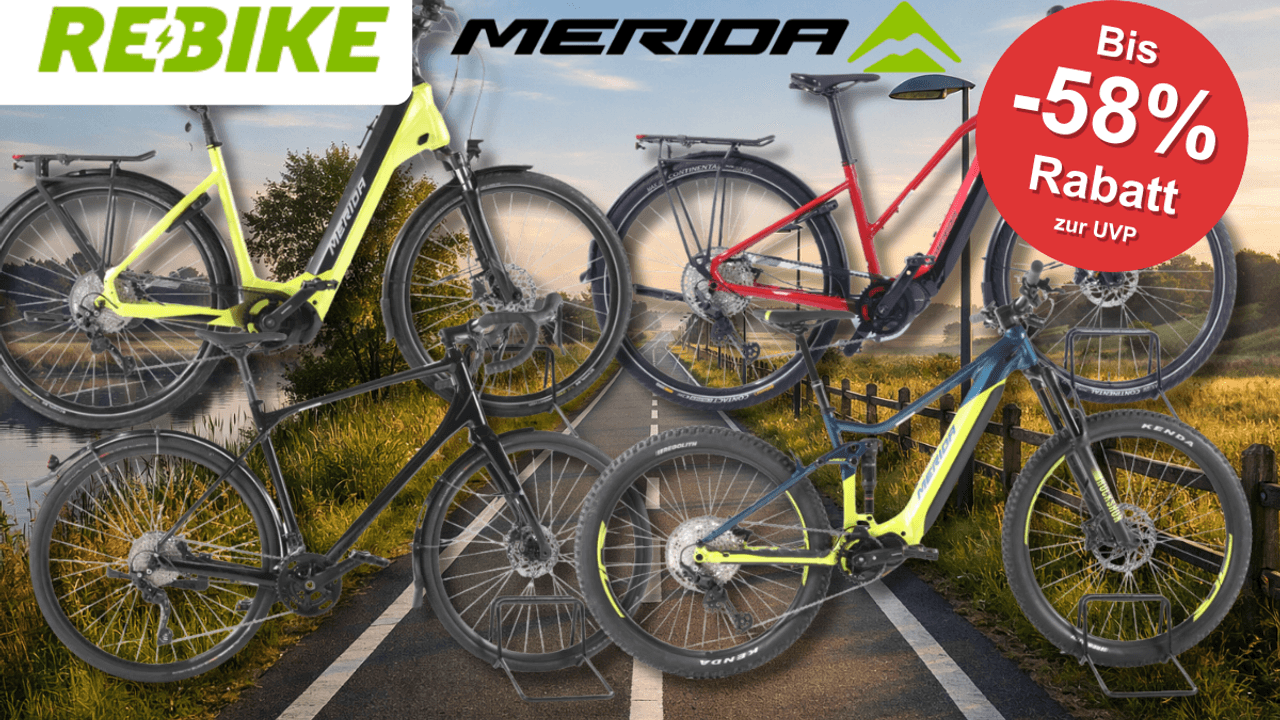 4 Merida Fahrräder vor einem Fahrradweg.