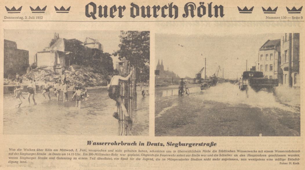 Im Sommer 1952 gab es eine Hitzewelle in Köln. Ein Auszug aus dem KStA-Archiv zeigt den Wasserrohrbruch in Deutz, der kurz für eine Abkühlung sorgte.
