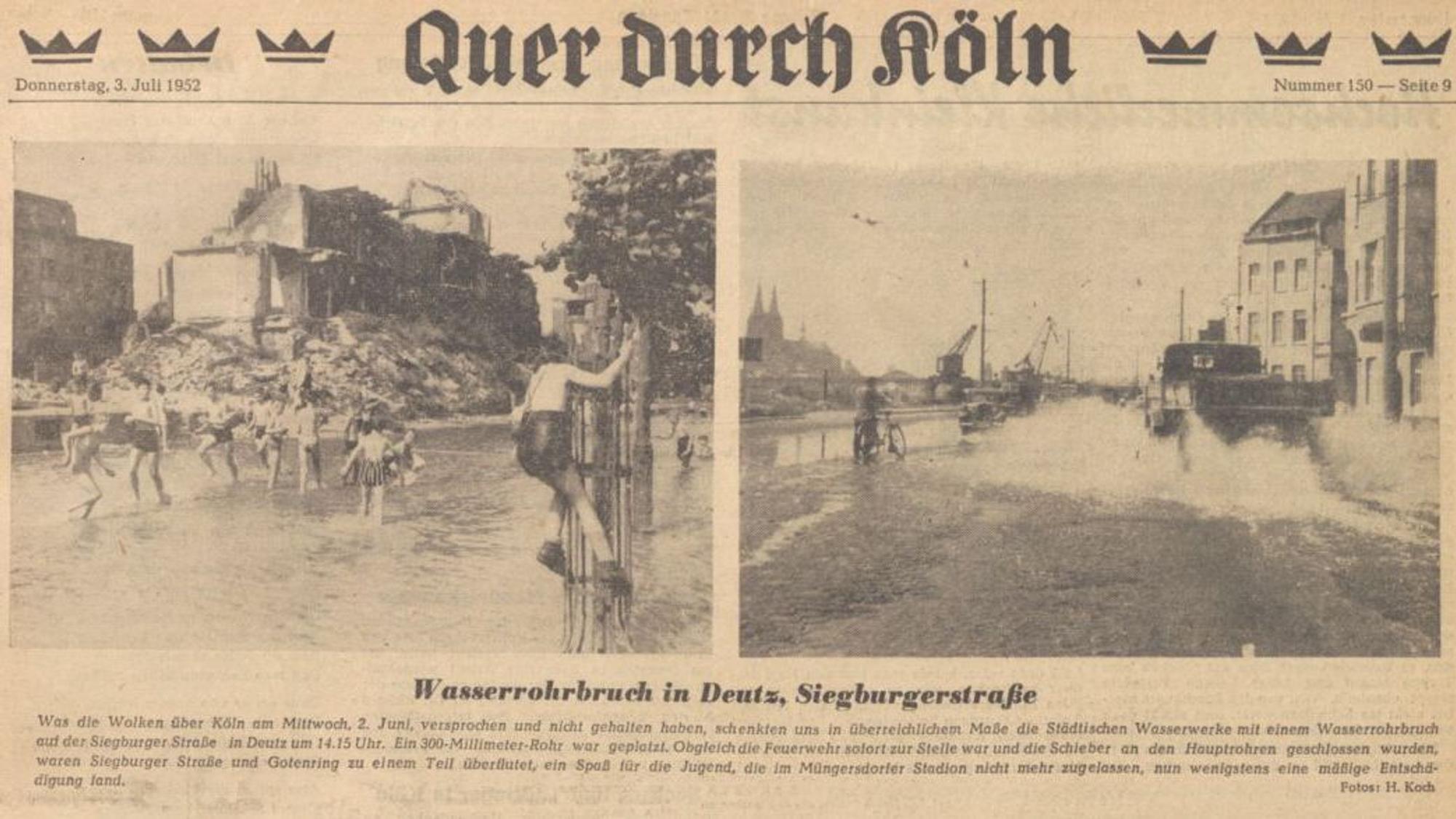 Im Sommer 1952 gab es eine Hitzewelle in Köln. Ein Auszug aus dem KStA-Archiv zeigt den Wasserrohrbruch in Deutz, der kurz für eine Abkühlung sorgte.