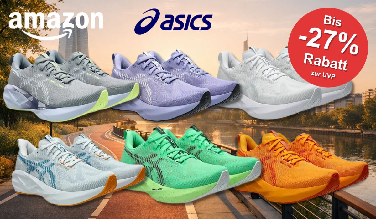 6 Asics Novablast Schuhe in verschiedenen Farben.