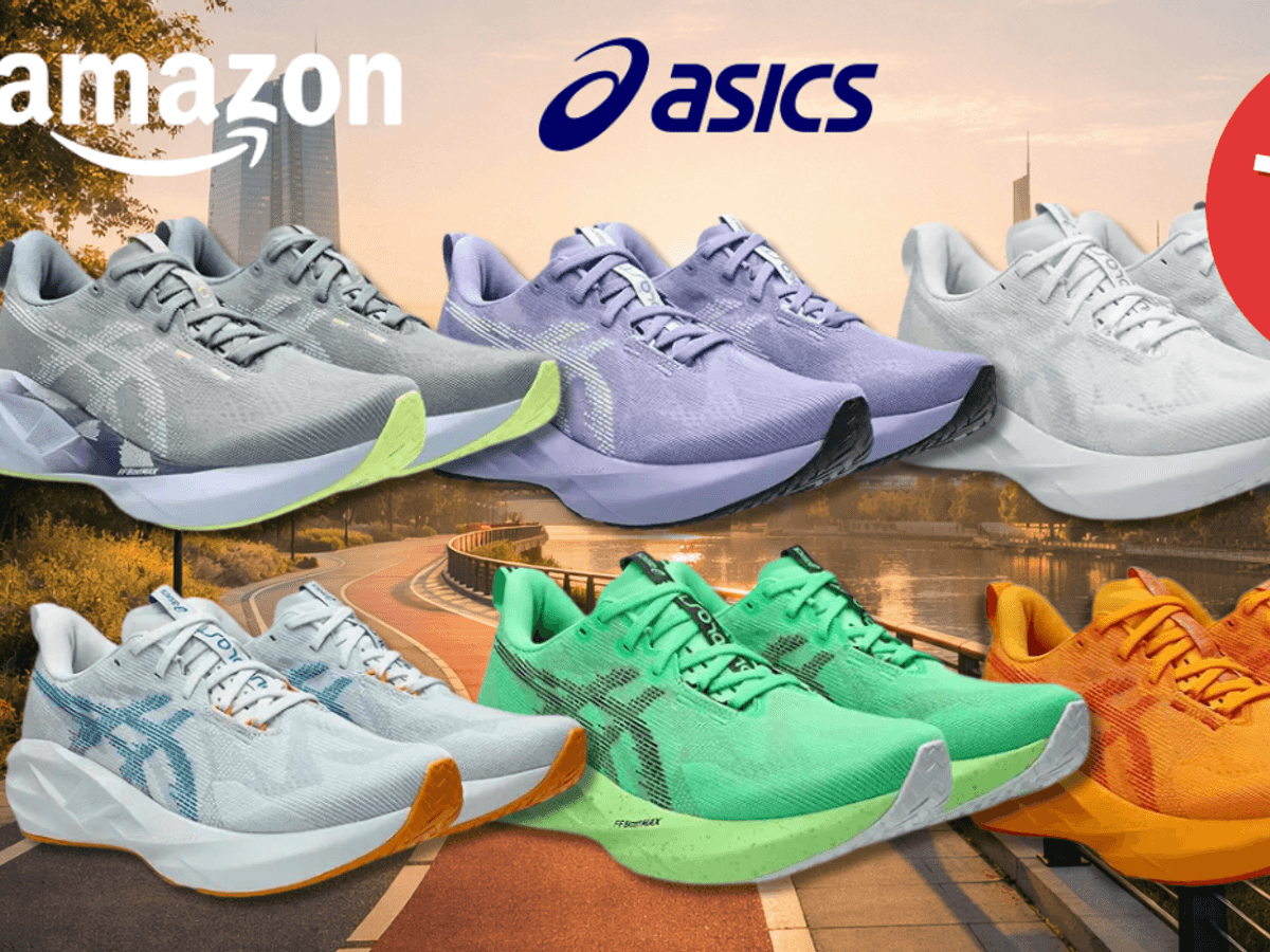 6 Asics Novablast Schuhe in verschiedenen Farben.