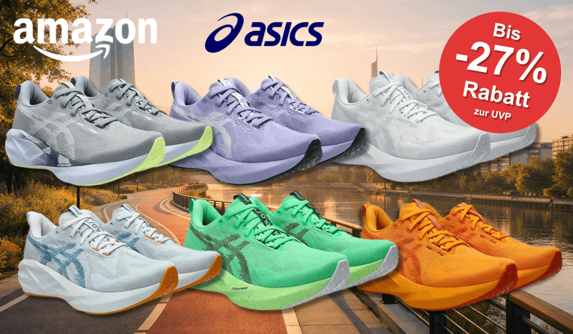 6 Asics Novablast Schuhe in verschiedenen Farben.