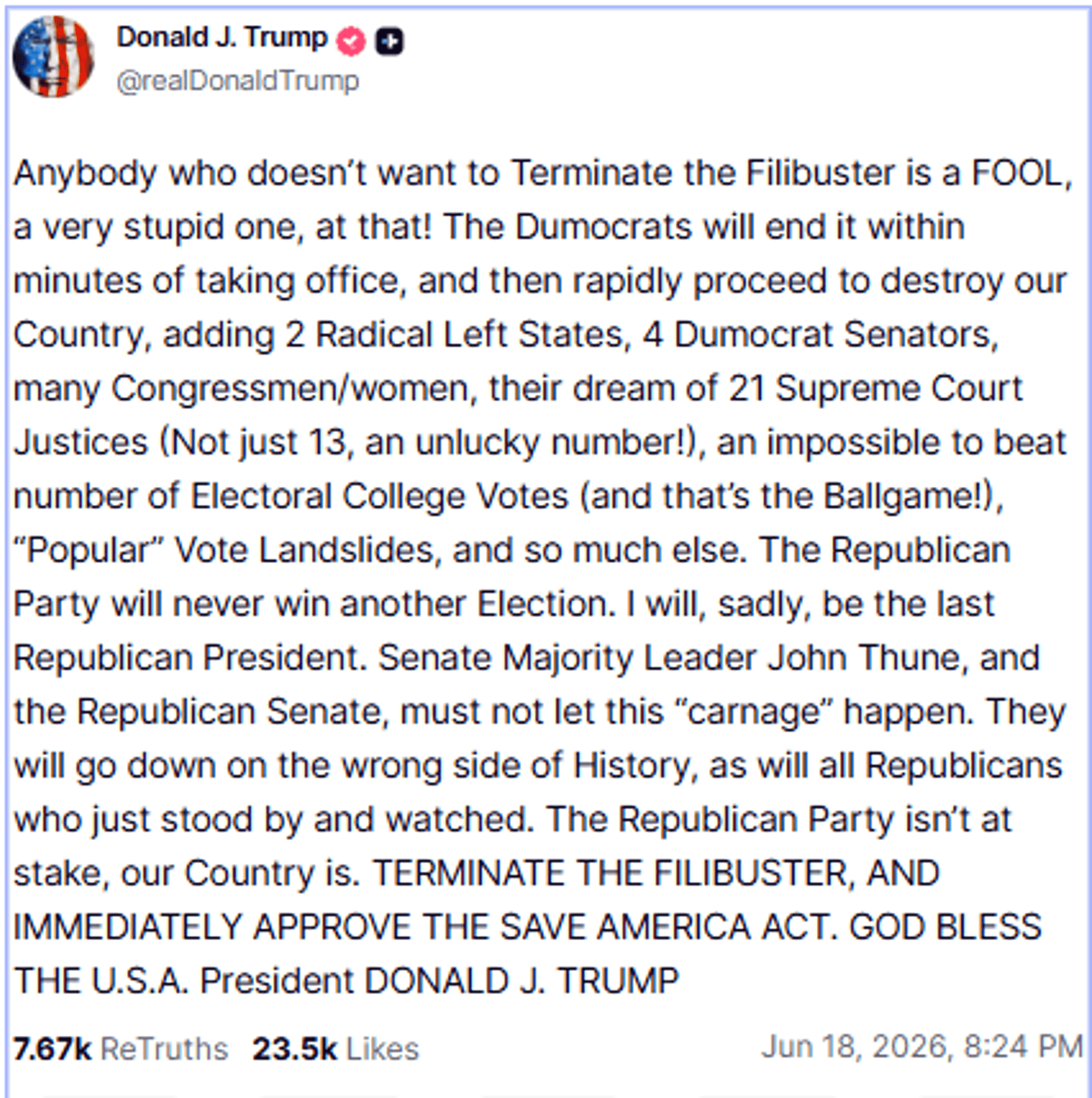 Post von Donald Trump auf Truth Social. „Jeder, der den Filibuster nicht abschaffen will, ist ein Trottel.“