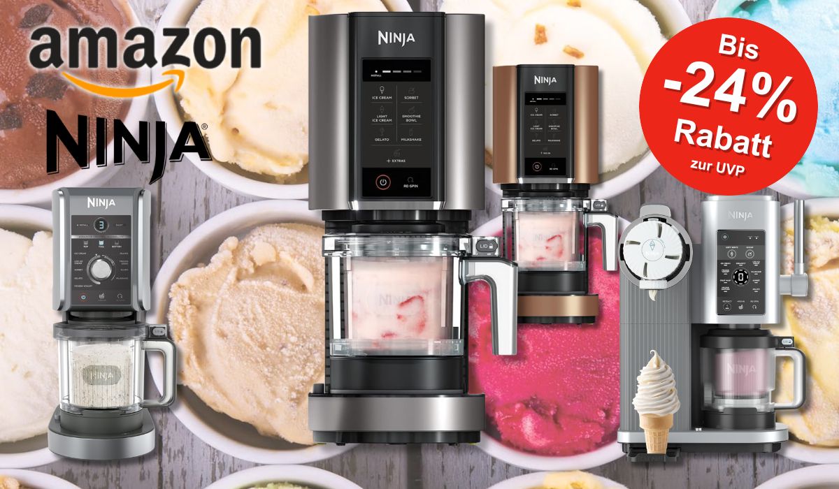 Ninja CREAMi Eismaschinen von der klassischen NC300EU über die Ninja CREAMi Deluxe bis hin zur neuen Ninja Swirl by CREAMi für Softeis. Im Hintergrund zubereitete bunte Eissorten in Schalen.