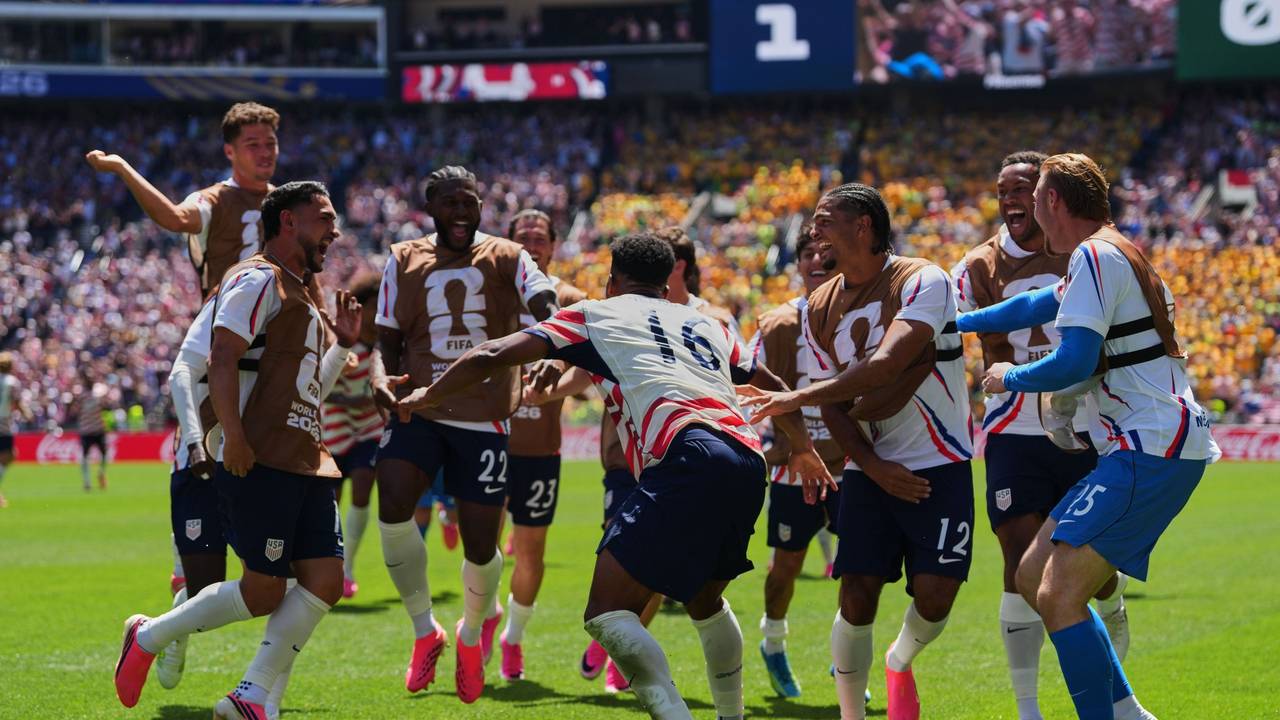 Amerikanische Spieler jubeln über ein Tor gegen Australien.