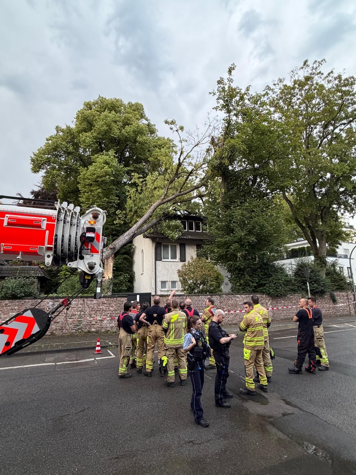 Ein Baum ist auf ein Haus gefallen, Einsatzkräfte von Feuerwehr und Polizei stehen davor
