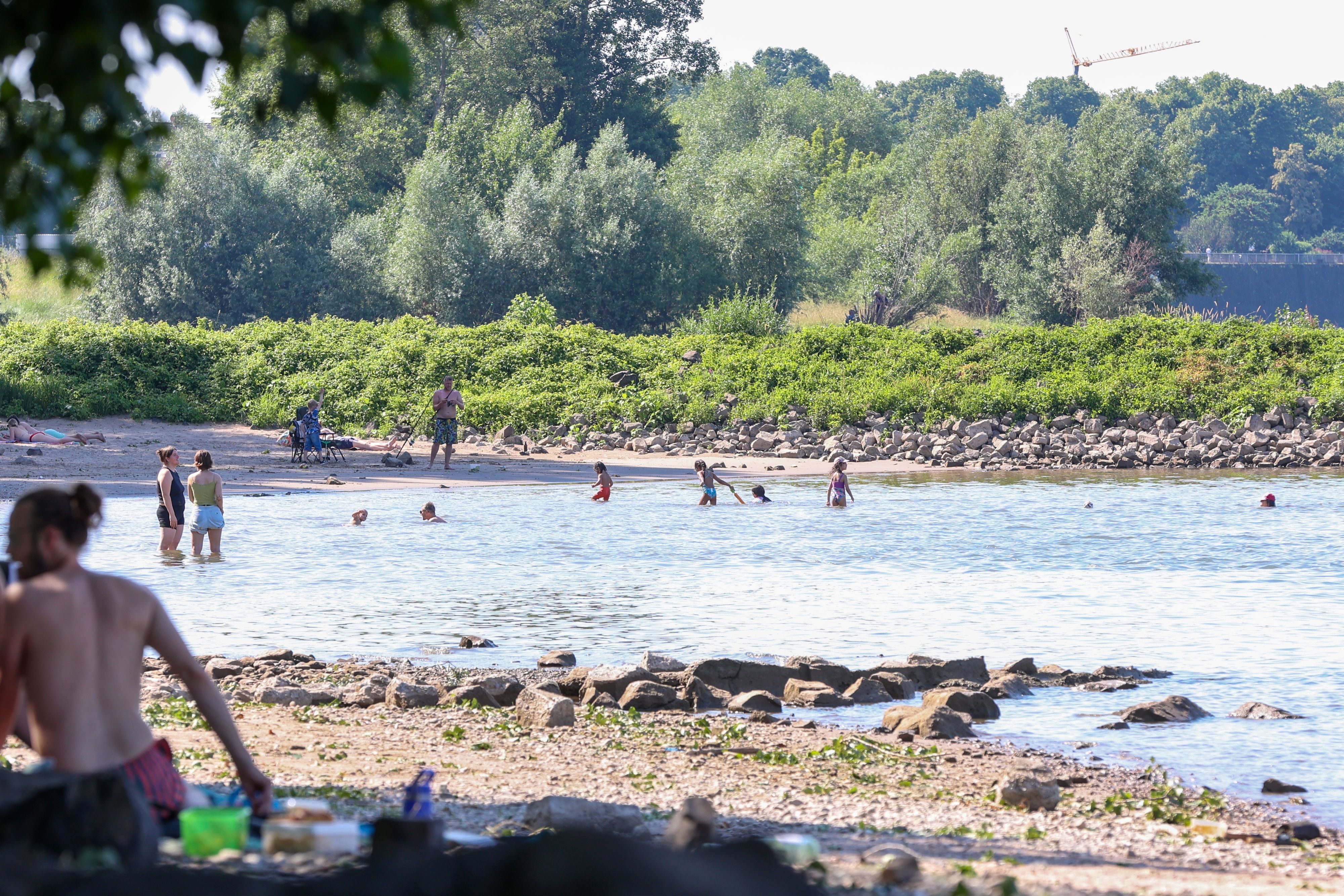 Am Niehler Strand hält sich am Wochenende kaum jemand an das Nur-bis-zu-den-Knöcheln-Gebot.