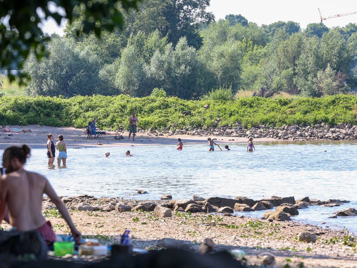 Am Niehler Strand hält sich am Wochenende kaum jemand an das Nur-bis-zu-den-Knöcheln-Gebot.